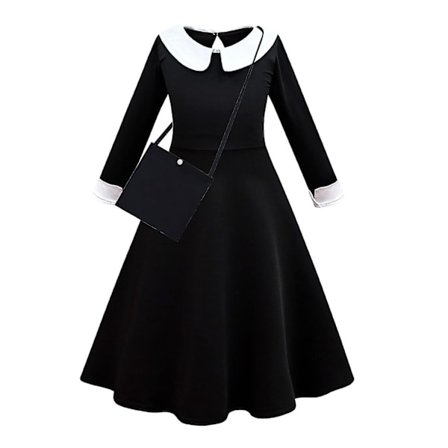 Onsdag Addams Cosplay kostymesett jenter svart kjole Halloween Carnival Party Fancy Dress W