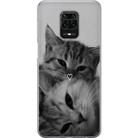 Kompatibel Mobilcover til Xiaomi Redmi Note 9S Svart-hvid kattebillede med to katte og hjertesymbol, romantisk og hyggeligt dyretema.