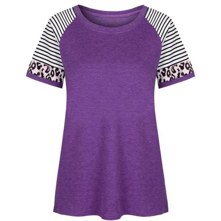 Dam T-shirt Randigt Print Kortärmad Blus Med Rund Hals,