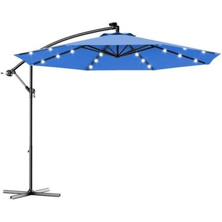 COSTWAY Udsnit Parasol 3M med 24 LED Solcellelampe i Vandtæt Polyester Højde 250CM med 8 Jernstænger Blå