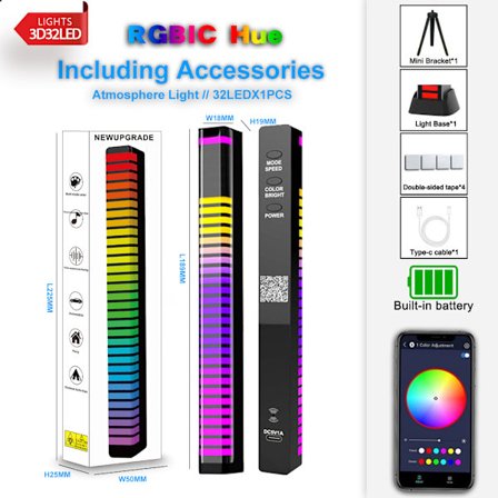 Opgraderet Smart Stemmestyret Rytmelys – Farverigt Musik Ambient Lys til Bil & Skrivebord, APP-styret