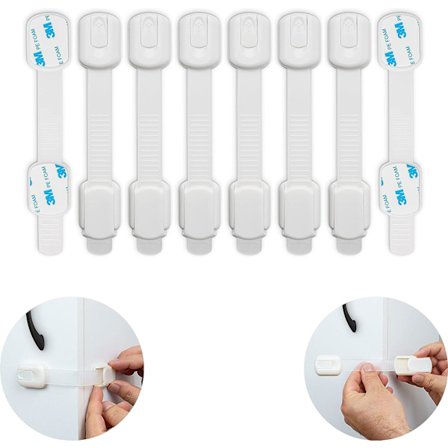Barnsäkerhetslås, set om 8, vit, multifunktion, med 3M lim, lås för skåp, lådor, skafferi, ugn, kyl