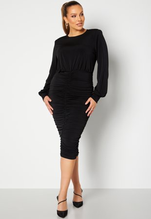 John Zack Curve Long Sleeve Rouched Midi Dress Black Vaatteet