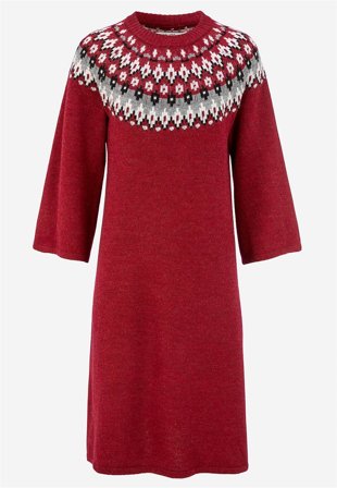 Cellbes of Sweden - Strikket, jacquardmønstret kjole i rød / mønstret til damer i størrelse 54/56