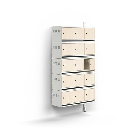 Schuhschrank ENTRY, Anbaumodul, wandhängend, 15 Holztüren, 1800 x 900 x 300 mm, weiß/Birke