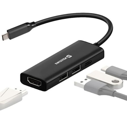 USB-C 4 in 1 - SWISSTEN - HDMI 4K - Lataus 100W - USB-A 3.0 - Kompakti muotoilu
