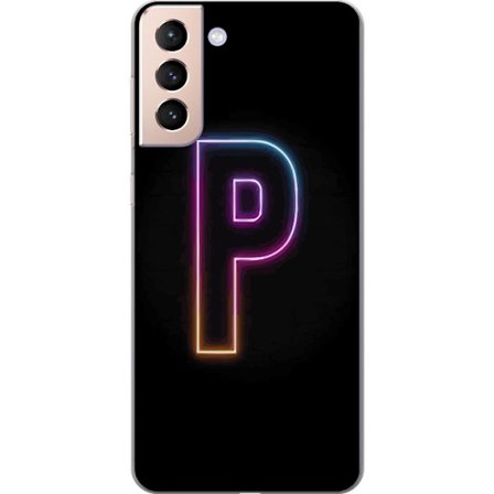 Kompatibel Mobilcover til Samsung Samsung Galaxy S21 Minimalistisk neonbogstav P i farvegradient og lyseffekt mod sort baggrund i digital neonstil