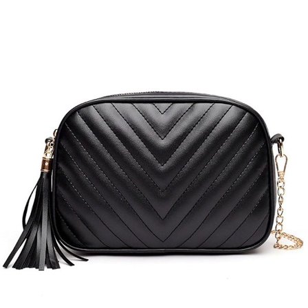 Trendig damväska med fransar, mjuk PU-yta, kedjeskULDERVäska, svart