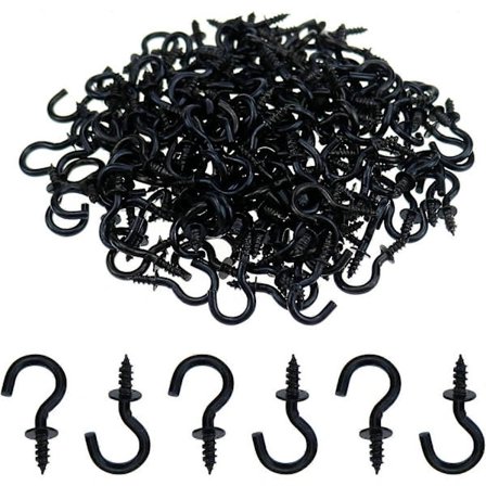 Black 200 Pcs 20.6x12.2 mm Mini Ceiling Screw Hooks, Screw in Hooks for Hanging Plants, Cups, Decorations