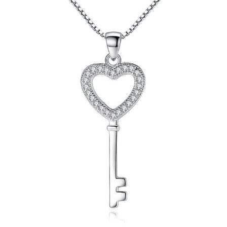 Necklace - silver color love key with white rhinestone