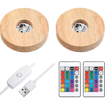 2 Stk. LED Lys Base Display Base Belyst Display Stand, 16 Farvet USB Lys Bord Lys Base Træ Rund Krystal Lys Kunst Bord Midterstykke med