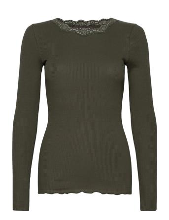 Organic T-Shirt W/ Lace T-shirts & Tops Long-sleeved Grønn Rosemunde