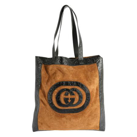 Gucci Vintage, Gucci Brown Suede ; Black Patent Leather Logo Tote Bruin, Dames, Maat:ONE Size