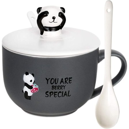 Grå Panda krus med 3D figur låg og ske, keramisk kaffe- eller tekop, 22OZ