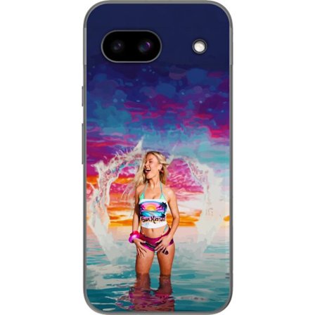 Kompatibelt Mobildeksel til Google Pixel 8a Blond kvinne i fargerik strandantrekk som leker i havet ved solnedgang