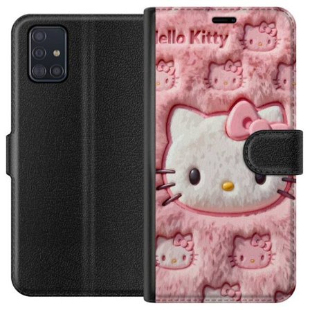 Kompatibel Tegnebogsetui til Samsung Galaxy A51 Hello Kitty lyserød fluffy baggrund med ikonisk ansigt og kawaii-æstetik