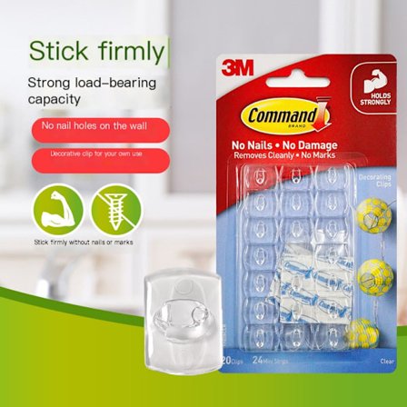 Command Dekorationsklämmor, paket med 20 minikrokar och 24 små remsor, transparent - hängande klämmor för dekorationer och ljusslingor, vägglim