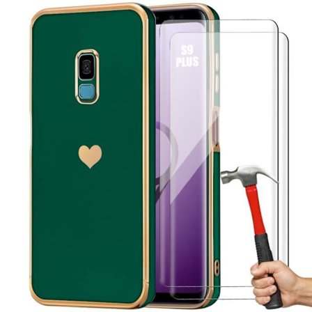 Coque TPU - Samsung - Galaxy S9 Plus - Mörkgrön - Flexibel - Hjärtmönster - 2 Härdade Glas