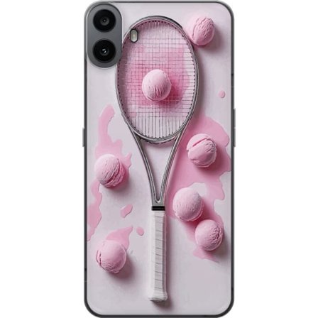 Yhteensopiva Puhelinkuori Nothing Nothing CMF Phone 1 Ruusunpunaiset lasipallot ja tennismaila luovassa stillikuvassa, jossa on leikkisä pop-tunnelma