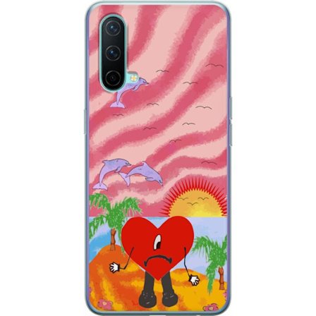 Kompatibelt Mobildeksel til OnePlus Nord CE 5G Bad Bunny i en fargerik quiltet jakke med hjertemønster og solbriller i moderne gatestil