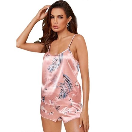 Dame Cami Top og Shorts Pyjamas Sæt Sexet Ærmeløs Natkjole Nattøj Todelt Printet Rund Hals Natkjole gul leopardprint