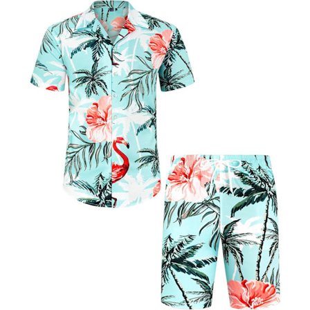 Herre Hawaiiskjorte og Shorts Sæt Regular Fit Kortærmet Casual Funky Strand Flamingo Skjortesæt XL