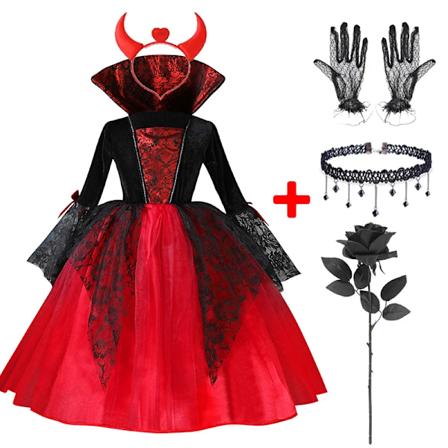 2024 Flickor Cosplay Vampyr Halloween Klänning För Barn Spöke Brud Gotisk Kostym Greve Vampiran Karneval Outfit Svart Röda Kläder 5PCS Ghost Bride E2 