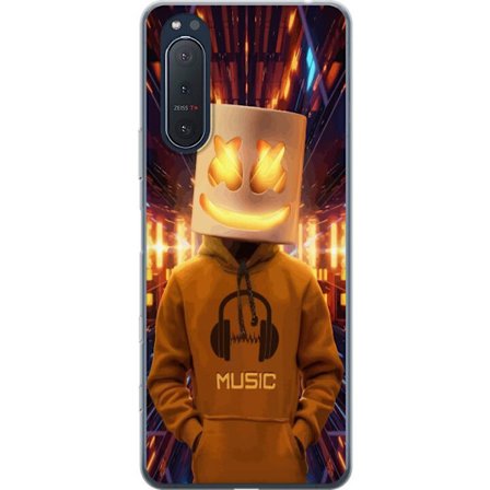 Yhteensopiva Puhelinkuori Sony Sony Xperia 5 II DJ-hahmo valaisevassa kypärässä ja hupparissa futuristisessa musiikkiympäristössä neonvalojen ke