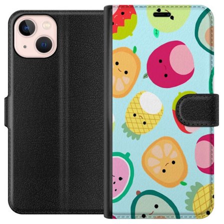 Kompatibel Tegnebogsetui til Apple iPhone 13 mini Mønster af kawaii frugter som jordbær citron ananas og avocado på lyseblå baggrund