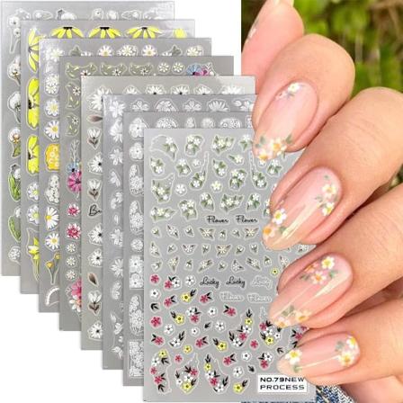 IC Blomma Nagelsticker Dekaler Kvinnor Värikkäät Kukka Daisy Nail Design Nail Sticker Nail Art Tarvikkeet Kevät 8 Ark