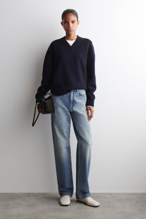 COS Women's Rounded Wool V-Neck Jumper in Blue