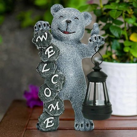 Solarhavestatue Grå Bjørn Ornament Udendørs, Have Dyrefigur med Sollys, Dekorativ Grå Bjørn til Have, Indflytningsgave