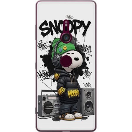 Yhteensopiva Puhelinkuori Sony Xperia XZ3 Snoopy katukuteissa kuulokkeet päässä, graffitityyli ja suuri hymy seisoessaan boomboxin vieressä siistissä