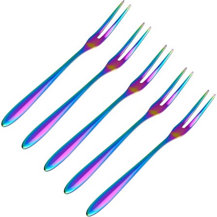 Salatgafler, rustfritt stål, små gafler, regnbue, 2-tindet gaffel for cocktail snacks, dessertfest, sett med 5