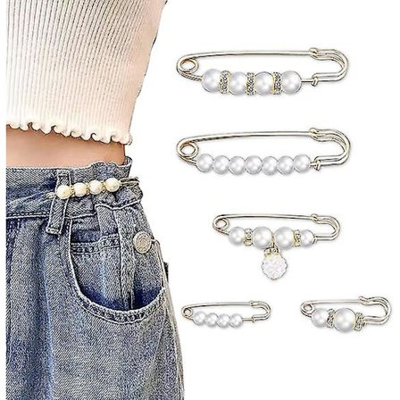 5 st Fashion Pärla Brosch, Tröja Sjal Klämma Dubbla Faux Pärla Broscher Midja Byxor Extender Säkerhetsnålar
