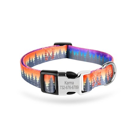 (Brugerdefineret) Laserindgraveret metalspænde hundehalsbånd, information der kan tilpasses, forskellige trendy prints, justerbar størrelse, egnet til