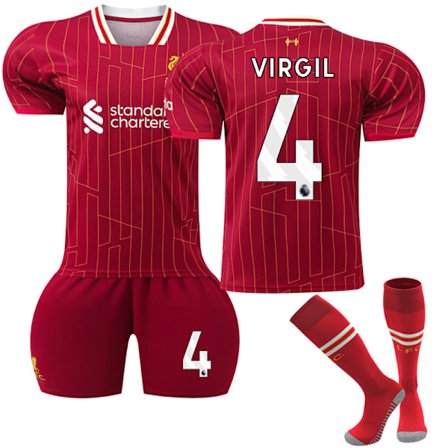 2024-2025 Liverpool Home Kids Fotbollströja Kit med strumpor nr 4 Virgil