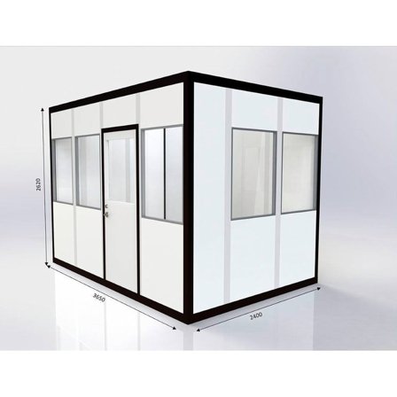 Flyttbart rom/kontor, 8,8 m², Glass på 2 sider, tilpasset for hjørne venstre