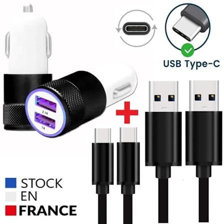 Autoladdarpaket + 2 USB Type C-kablar för Samsung Galaxy S22 Ultrakraftig 2X-laddare (5V - 2.1A) + 2 1M-kablar - SVART