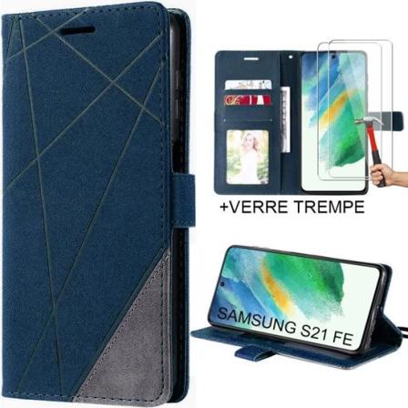 Etui til Samsung Galaxy S21 FE + 2 hærdede briller - Elegant syntetisk læder Marineblå etui marinblå