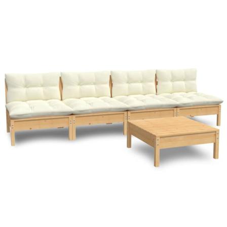 Vidaxl Loungegrupp Med Gräddvita Dynor 5 Delar Massiv Furu Creme