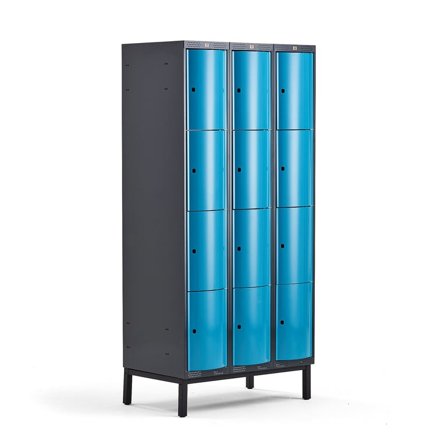 Clothes locker CURVE, leg frame, 3 x 4 doors, 1940x900x550 mm, blue