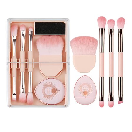 Makeupbørste + Pudderkvast Sæt, 8-Dels Makeupkvast og Børstesæt (Til Flydende og Creme Formler), Rejse Makeup Værktøjssæt