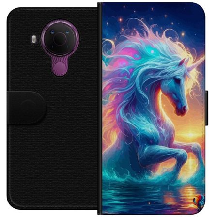 Kompatibelt Plånboksfodral till Nokia Nokia 5.4 Färgsprakande enhörning i vatten med regnbågsfärger, glödande ljus, magisk fantasyatmosfär och