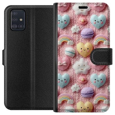 Kompatibelt Lommeboketui til Samsung Galaxy A51 Pastellmotiv med hjerter, skyer, regnbuer og makroner mot rosa bakgrunn i en søt drømmende stil.