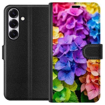 Kompatibelt Plånboksfodral till Samsung Samsung Galaxy S25 Hydrangea blommor hortensia blommor färgglada regnbåge blommigt mönster rosa blå lila