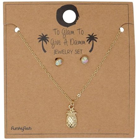 Guld Smyckesset - Halsband med Ananas & Örhängen med Rhinestones