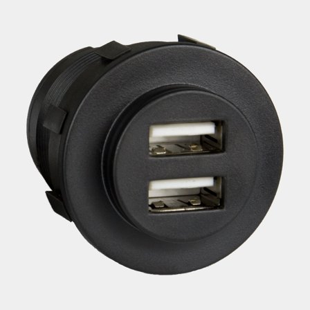 USB outlet Sutars, flush mount, black, 12 V / 24 V, 5 A, USB-A + USB-A, with cover