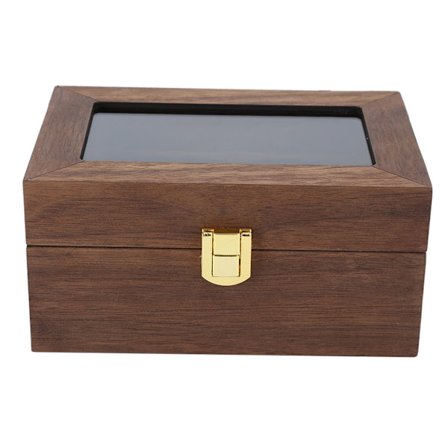 Trälåda för klockvisning med 3 fack, transparent fönster, förvaring, svart valnöt