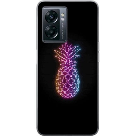 Kompatibelt Mobilskal till OnePlus OnePlus Nord N300 Neonillustration av ananas i färgglatt ljus mot svart bakgrund